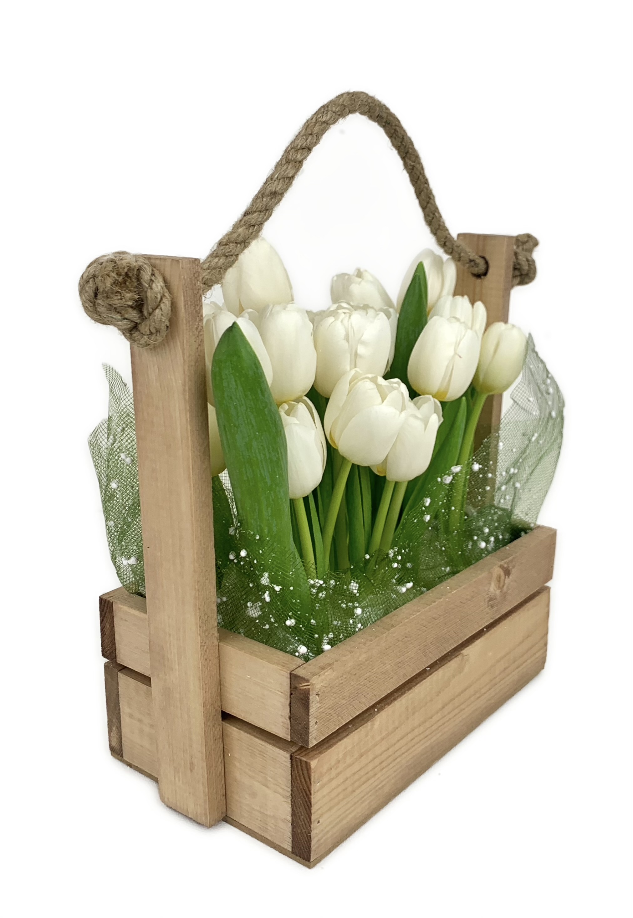 Белые тюльпаны 25 шт в деревянном ящичке