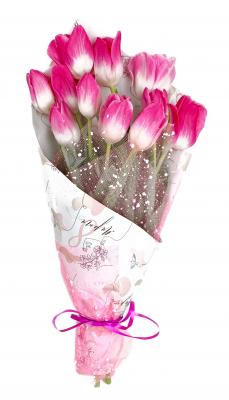 Тюльпаны розовые с белым 11 шт в праздничной упаковке с 8 марта