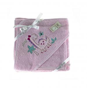Детский набор махровое полотенце уголок и мочалка FANNY DINO (розовый) 80х80 см