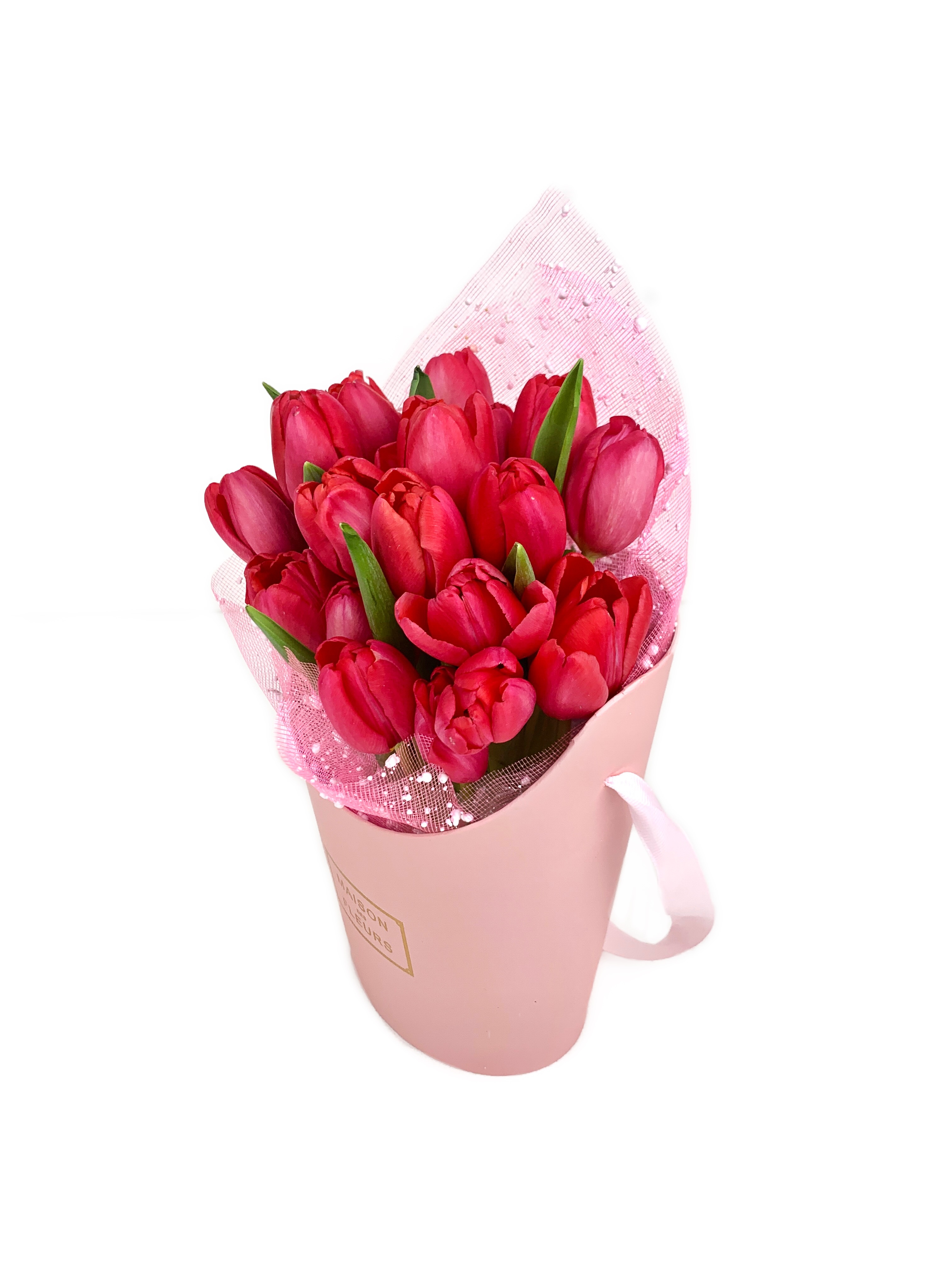 Малиновые тюльпаны 19 шт в розовой картонной подарочной упаковке